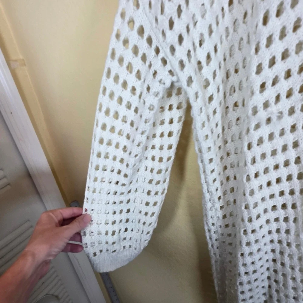 White Open Knit crochet coastal boho prarie Maxi Cardigan‎ Duster Coverup XXL